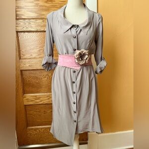 LOVEMATTERS Designer Silk & Leather Belted Shirt Dress Size Small